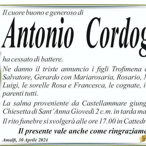 Amalfi piange la morte di Antonio Cordoglio. Aveva 91 anni