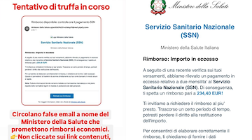 “Rimborso per importo in eccesso”: la mail truffa intestata al Ministero della Salute. Non cliccare
