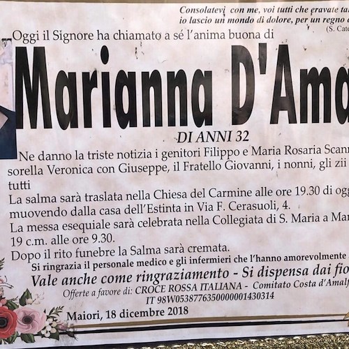 A Maiori una vita spezzata troppo presto: dolore per la morte di Marianna D'Amato