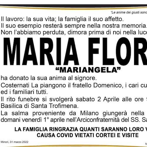 A Milano ha cessato di battere il cuore buono di Mariangela Florio, sabato i funerali nella sua Minori 
