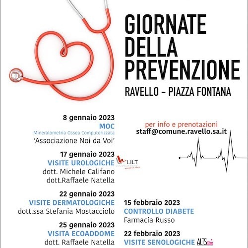 A Ravello le "Giornate della prevenzione", dall'8 gennaio screening gratuiti in piazza Fontana
