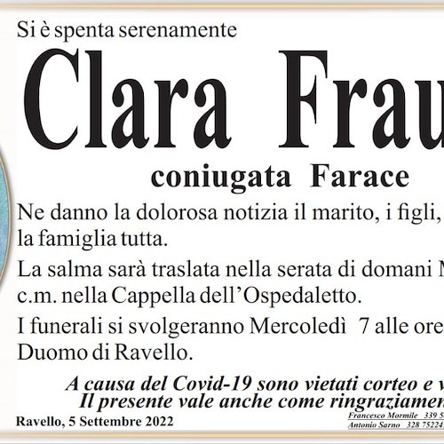 A Ravello si è spenta serenamente la Signora Clara Fraulo