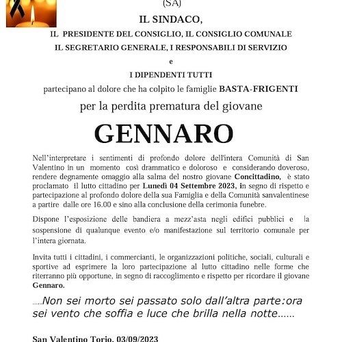 A San Valentino Torio si piange la morte del 18enne Gennaro Basta. Il sindaco Strianese proclama il lutto cittadino