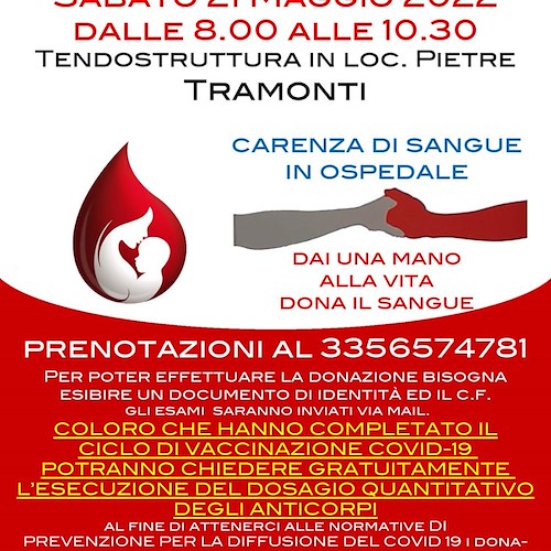 A Tramonti 21 maggio è giornata dono sangue, obbligatoria prenotazione