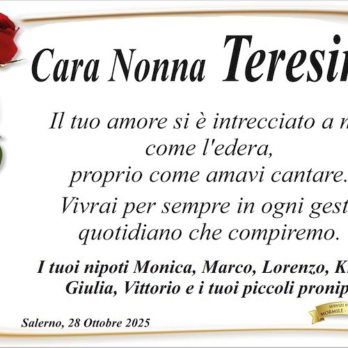 Addio a Teresina Leone, figura amata e stimata: le comunità di Minori e Salerno si stringono nel ricordo