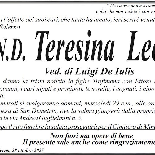 Addio a Teresina Leone, figura amata e stimata: le comunità di Minori e Salerno si stringono nel ricordo