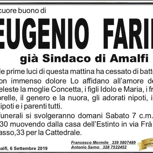 Amalfi a lutto: si è spento l’ex sindaco Eugenio Farina
