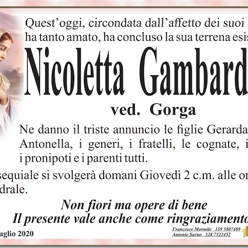Amalfi, addio a Nicoletta Gambardella: oggi i funerali 