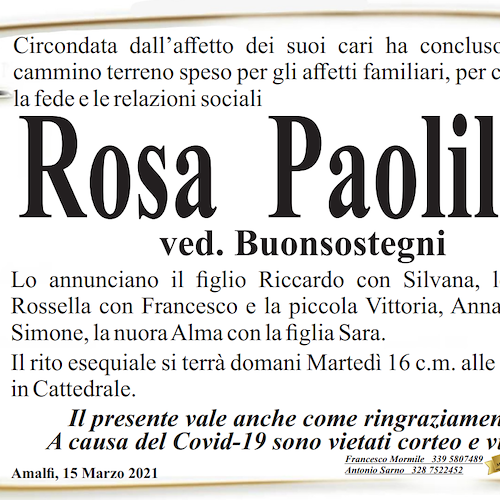 Amalfi, addio a Rosa Paolillo: domani i funerali 