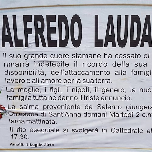 Amalfi, addio ad Alfredo Laudano. Domani i funerali