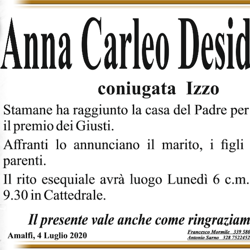 Amalfi, addio ad Anna Carleo Desiderio: lunedì i funerali