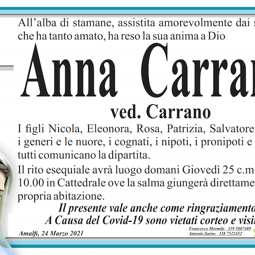 Amalfi, addio ad Anna Carrano: domani i funerali 