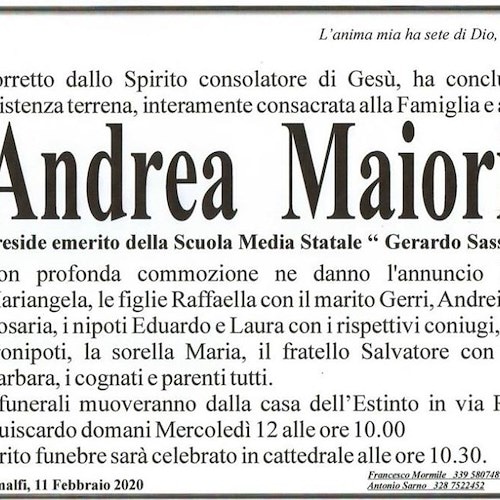 Amalfi, addio al preside Andrea Maiorino. Domani i funerali