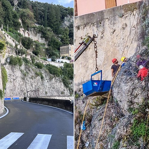 Amalfi, continuano senza sosta i lavori di messa in sicurezza del costone roccioso: Statale Amalfitana ancora chiusa /foto