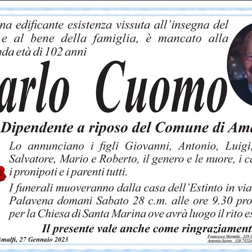 Amalfi dice addio a Carlo Cuomo, a luglio avrebbe compiuto 102 anni