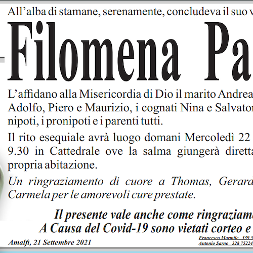 Amalfi dice addio a Filomena Pansa, domani i funerali 