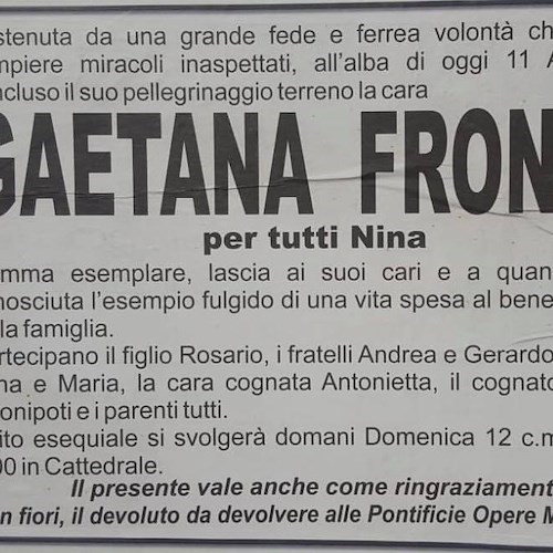 Amalfi dice addio a Nina Fronda, una vita spesa al bene