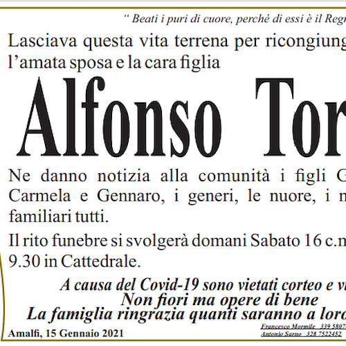 Amalfi dice addio ad Alfonso Torre: domani i funerali 