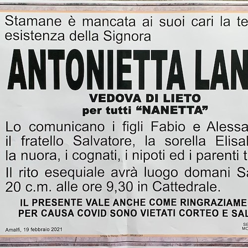 Amalfi dice addio ad Antonietta Landi, per tutti "Nanetta"