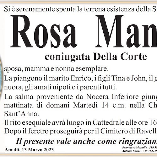 Amalfi dice addio alla signora Rosa Mansi