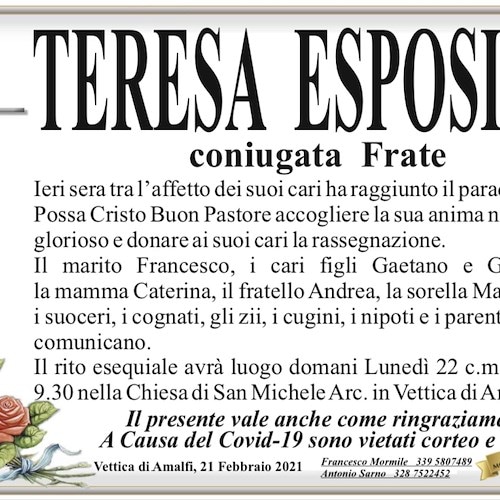 Amalfi, dolore per la morte prematura di Teresa Esposito. A 42 anni lascia due figli