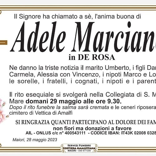 Amalfi e Maiori piangono la morte di Adele Marciano, moglie di Umberto De Rosa