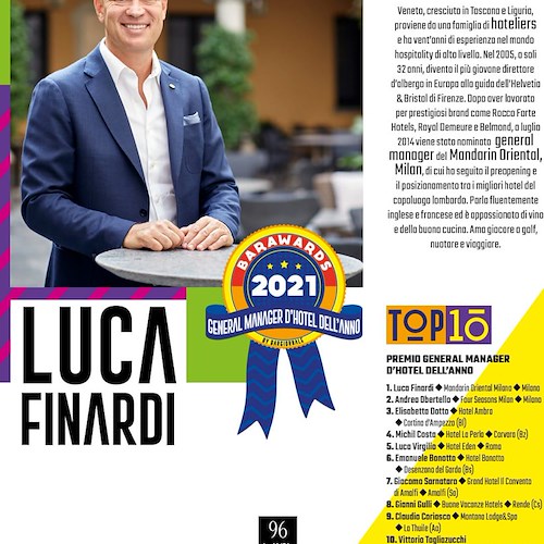 Amalfi, Giacomo Sarnataro nella top 10 dei General manager d'hotel ai Barawards 2021