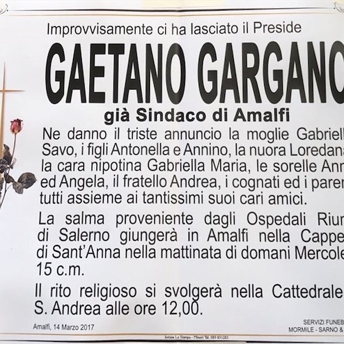 Amalfi listata a lutto: è morto il preside Gaetano Gargano. Fu anche sindaco