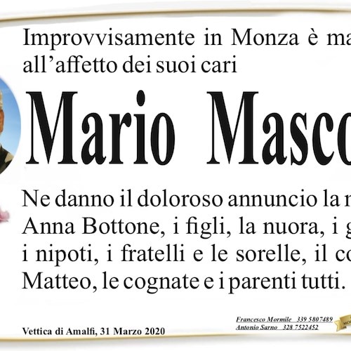 Amalfi, lutto per somparsa di Mario Mascolo avvenuta a Monza