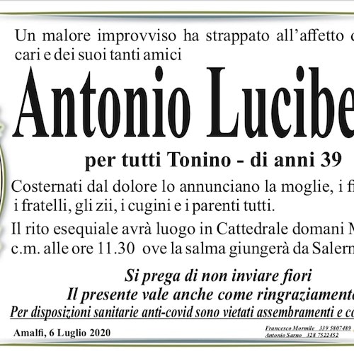 Amalfi, martedì l’ultimo saluto ad Antonio Lucibello