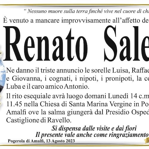 Amalfi piange l'improvvisa scomparsa di Renato Salese, aveva 64 anni