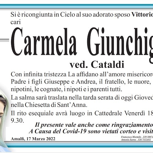 Amalfi piange la morte della signora Carmela Giunchiglia vedova Cataldi