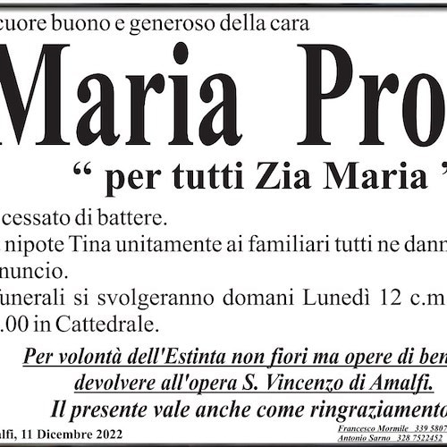 Amalfi piange la morte di Maria Proto