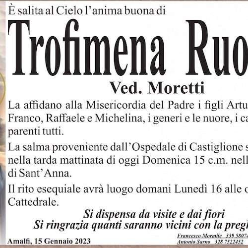Amalfi piange la morte di Trofimena Ruocco, vedova Moretti