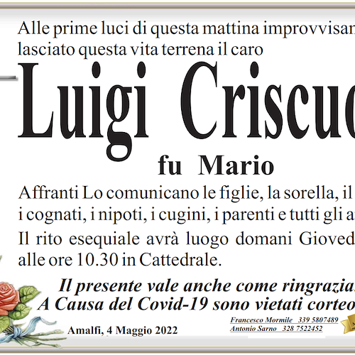 Amalfi piange la morte improvvisa del signor Luigi Criscuolo