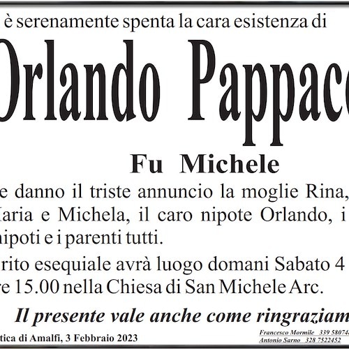 Amalfi piange la scomparsa del signor Orlando Pappacoda