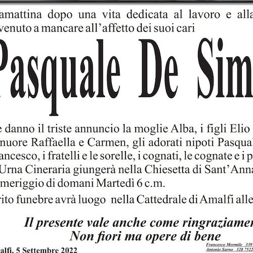 Amalfi piange la scomparsa del signor Pasquale De Simone