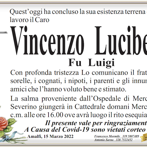 Amalfi piange la scomparsa del signor Vincenzo Lucibello