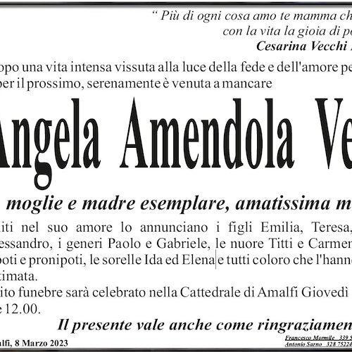 Amalfi piange la scomparsa della maestra Angela Amendola Vecchi