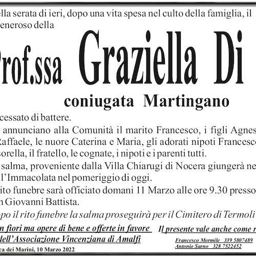Amalfi piange la scomparsa della professoressa Graziella Di Leo, mamma della comandante dei vigili Martingano