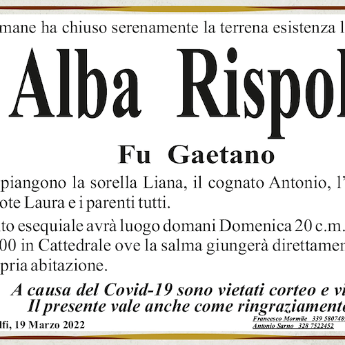Amalfi piange la scomparsa della signora Alba Rispoli