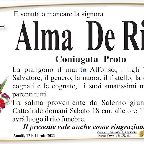 Amalfi piange la scomparsa della signora Alma De Riso