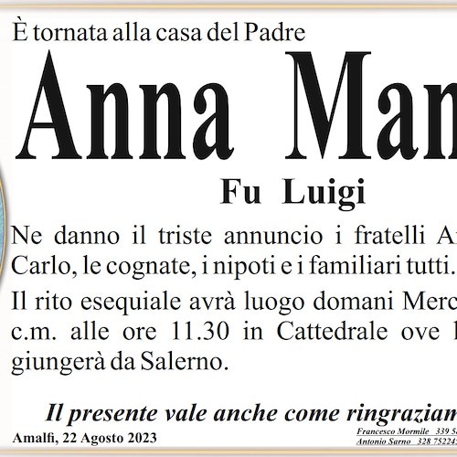 Amalfi piange la scomparsa della signora Anna Manzi, fu Luigi 