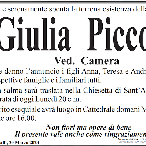 Amalfi piange la scomparsa della signora Giulia Piccolo, vedova Camera