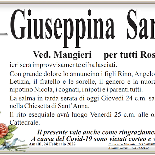 Amalfi piange la scomparsa della signora Giuseppina Sarno, per tutti Rosa