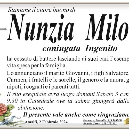Amalfi piange la scomparsa della signora Nunzia Milone, coniugata Ingenito