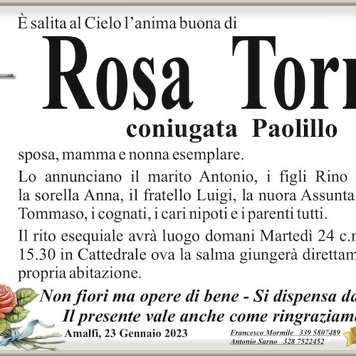 Amalfi piange la scomparsa della signora Rosa Torre