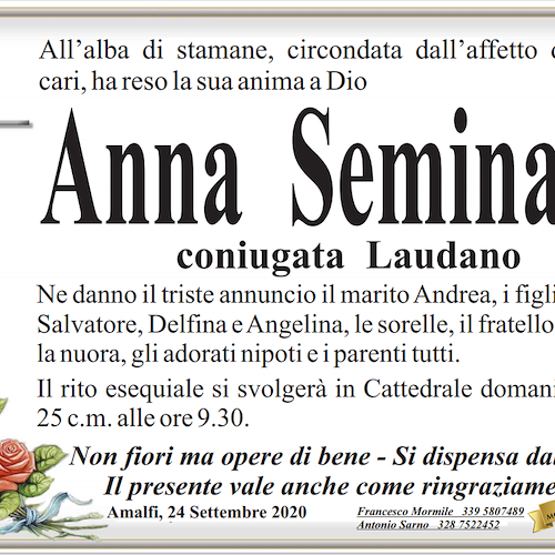 Amalfi piange la scomparsa di Anna Seminara: domani i funerali 