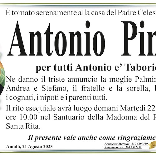 Amalfi piange la scomparsa di Antonio Pinto
