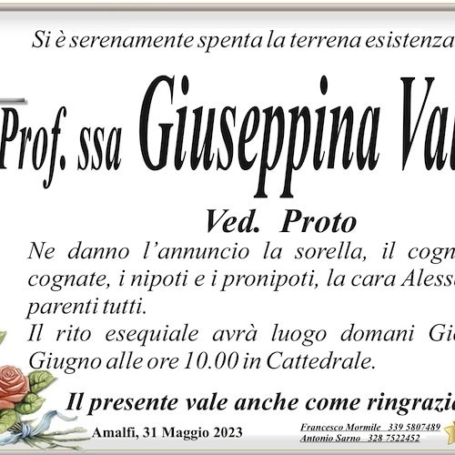 Amalfi piange la scomparsa di Giuseppina Valenti, per anni docente alle scuole medie “G. Sasso”